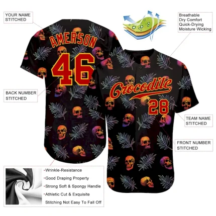 Custom 3D Pattern Halloween Skulls And Palm Leaves Authentic Baseball Jersey - Image 3