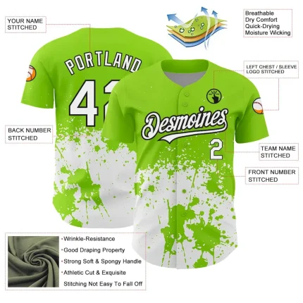 Custom Neon Green White-Black 3D Pattern Design Abstract Splash Grunge Art Authentic Baseball Jersey - Image 3