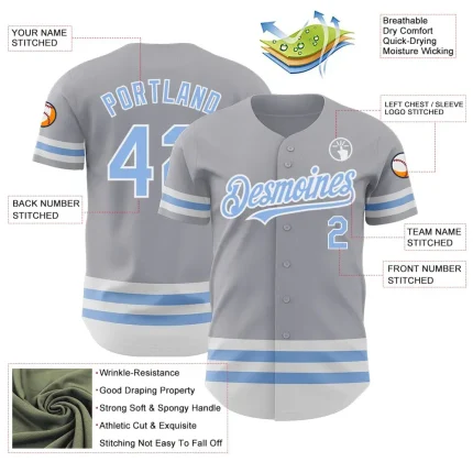 Custom Gray Light Blue-White Line Authentic Baseball Jersey - Image 3