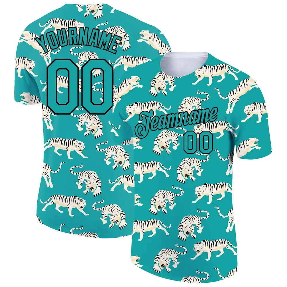 3DPattern3895.webp Custom Aqua Black 3D Pattern Design Tiger Performance T-Shirt - Image 1