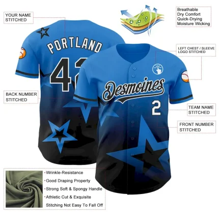 Custom Electric Blue Black-White 3D Pattern Design Gradient Style Twinkle Star Authentic Baseball Jersey - Image 3