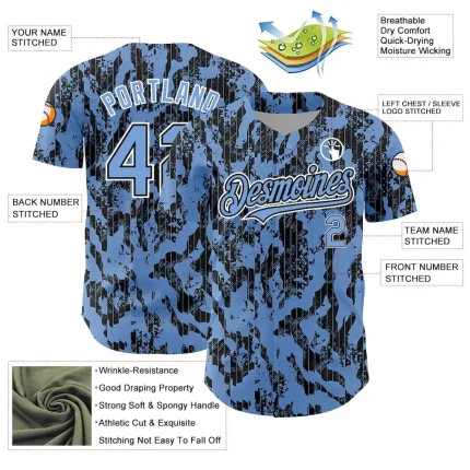 Custom Light Blue Black-White 3D Pattern Design Abstract Fluid Authentic Baseball Jersey - Image 3