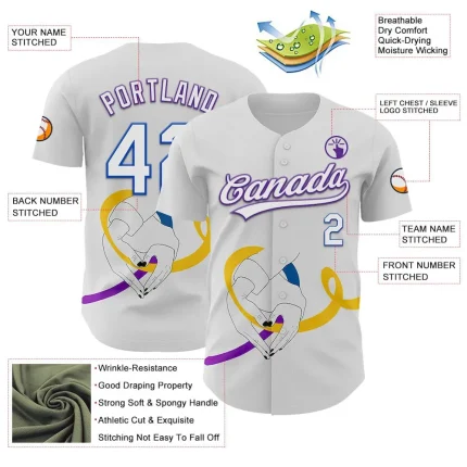 Custom White Purple Thunder Blue-Yellow 3D Bladder Cancer Ribbon Authentic Baseball Jersey - Image 3