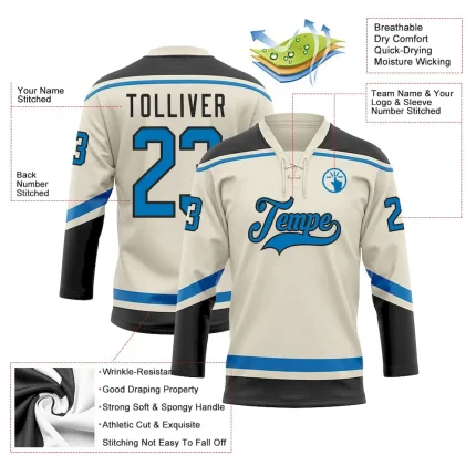 Custom Cream Blue-Black Hockey Lace Neck Jersey - Image 3