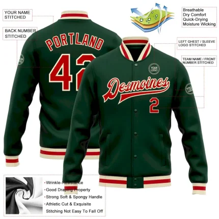 Custom Green Red-Cream Bomber Full-Snap Varsity Letterman Jacket - Image 3
