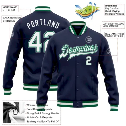Custom Navy White Kelly Green-Gray Bomber Full-Snap Varsity Letterman Jacket - Image 3