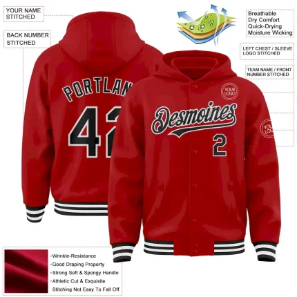 Custom Red Black-White Bomber Full-Snap Varsity Letterman Hoodie Jacket - Image 3