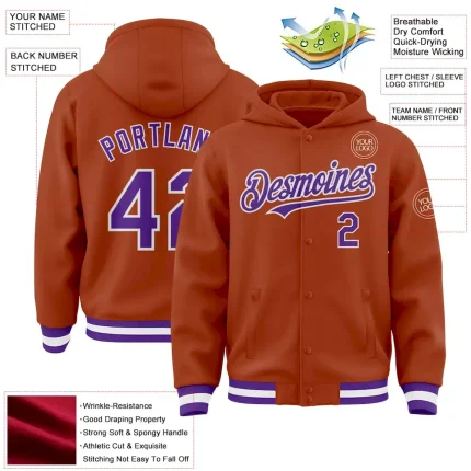 Custom Texas Orange Purple-White Bomber Full-Snap Varsity Letterman Hoodie Jacket - Image 3