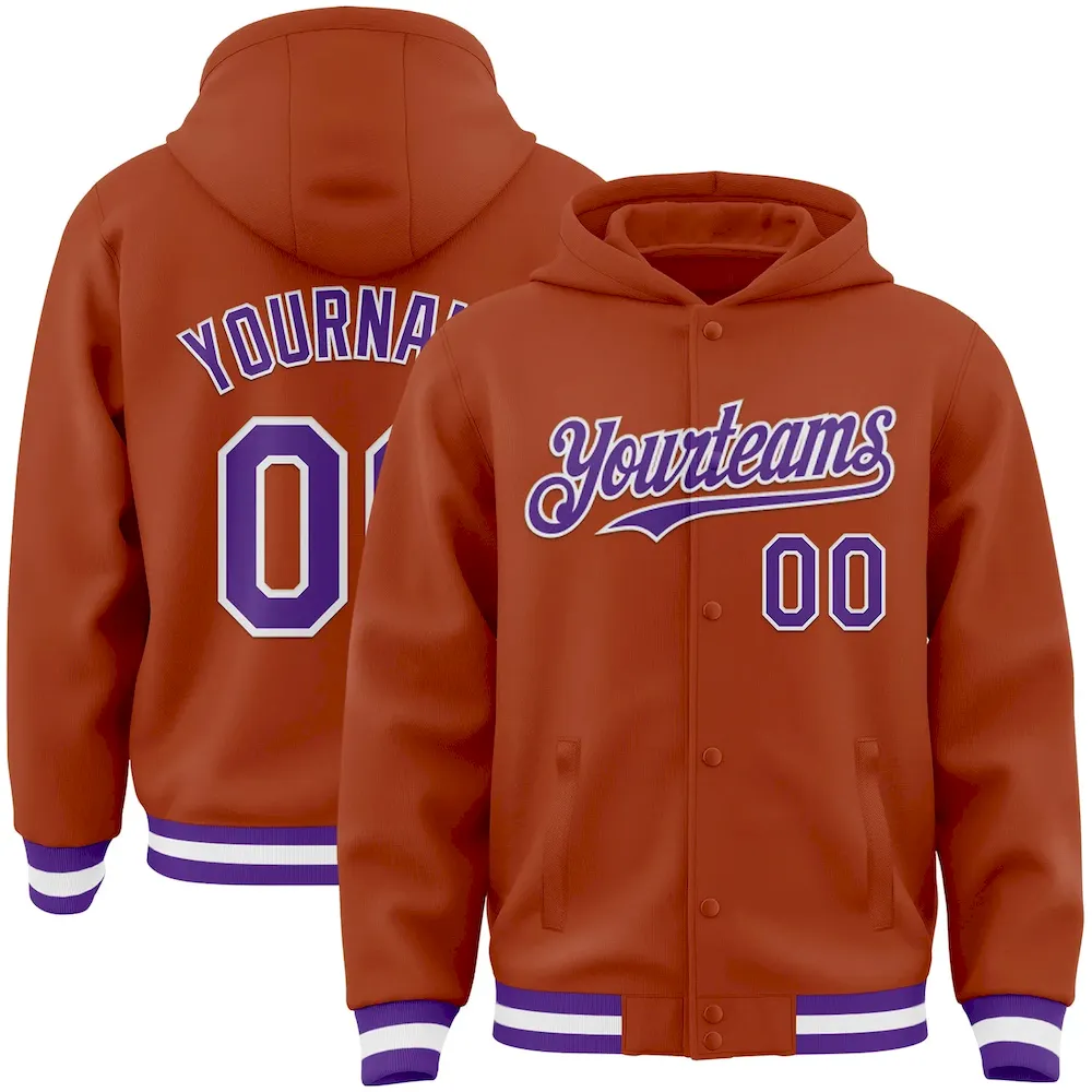 Jacket4056.webp Custom Texas Orange Purple-White Bomber Full-Snap Varsity Letterman Hoodie Jacket - Image 1