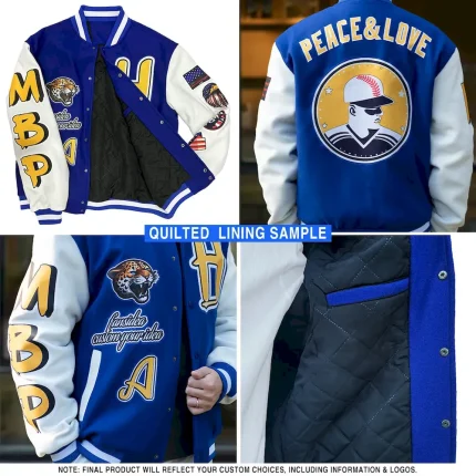 Custom Cream Light Blue-Black Evil Eyes 3D Pattern Design Bomber Full-Snap Varsity Letterman Jacket - Image 3