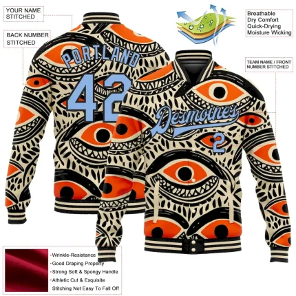 Custom Cream Light Blue-Black Evil Eyes 3D Pattern Design Bomber Full-Snap Varsity Letterman Jacket - Image 5