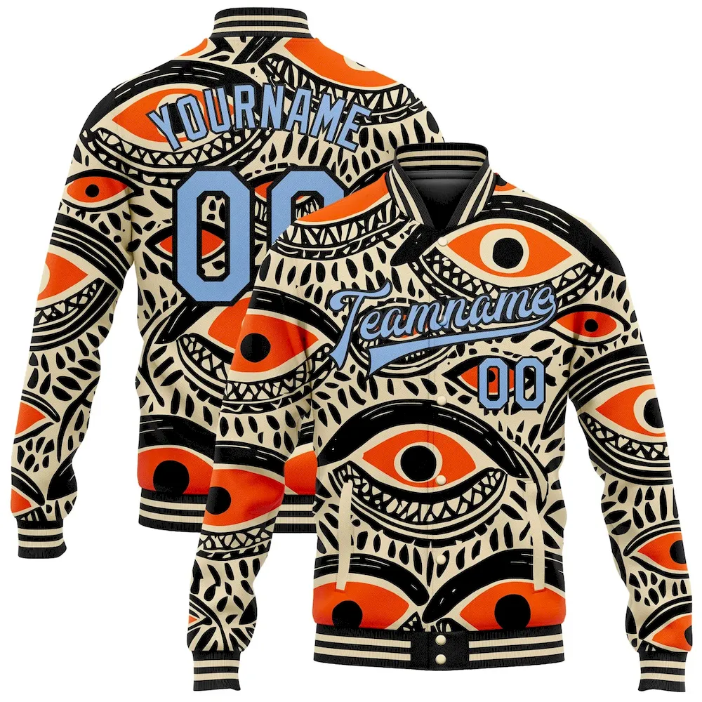 Jacket4475.webp Custom Cream Light Blue-Black Evil Eyes 3D Pattern Design Bomber Full-Snap Varsity Letterman Jacket - Image 1