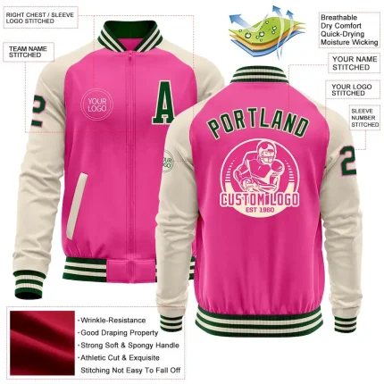 Custom Pink Green-Cream Bomber Varsity Letterman Two Tone Zipper Jacket - Image 3