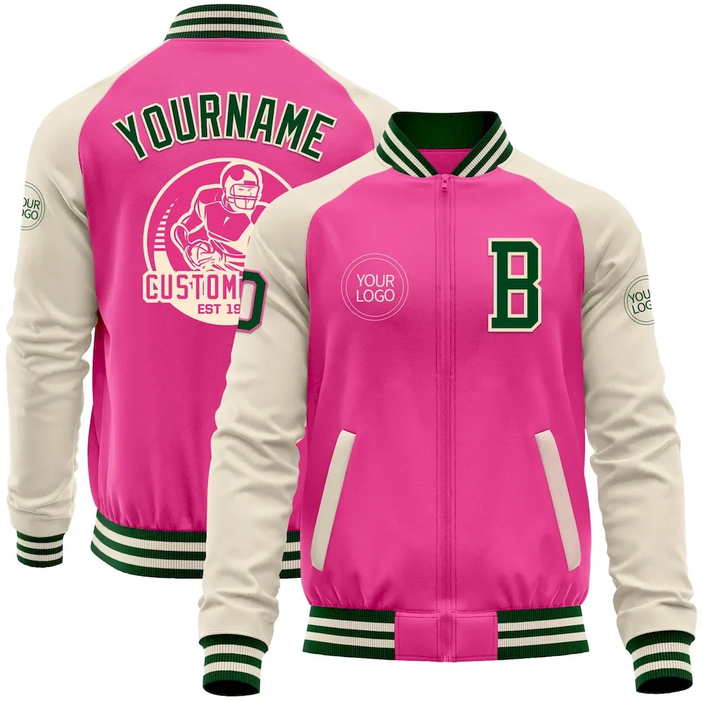 Jacket5768.webp Custom Pink Green-Cream Bomber Varsity Letterman Two Tone Zipper Jacket - Image 1