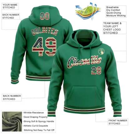 Custom Stitched Kelly Green Vintage USA Flag-Cream Sports Pullover Sweatshirt Hoodie - Image 3