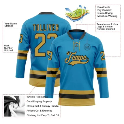Custom Panther Blue Old Gold-Black Hockey Lace Neck Jersey - Image 3