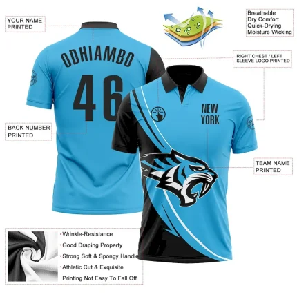 Custom Sky Blue Black-White 3D Pattern Design Animal Tiger Performance Polo Shirt - Image 3