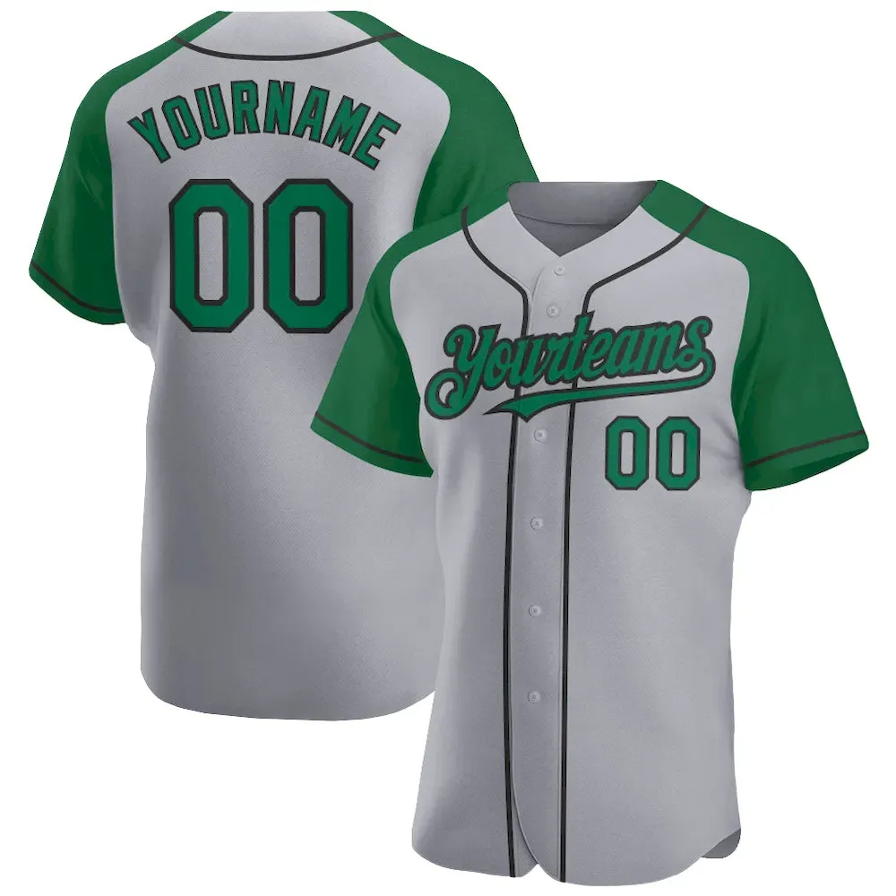 RaglanSleeves0379.webp Custom Gray Kelly Green-Black Authentic Raglan Sleeves Baseball Jersey - Image 1