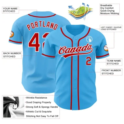 Custom Sky Blue Red-White Authentic Baseball Jersey - Image 3