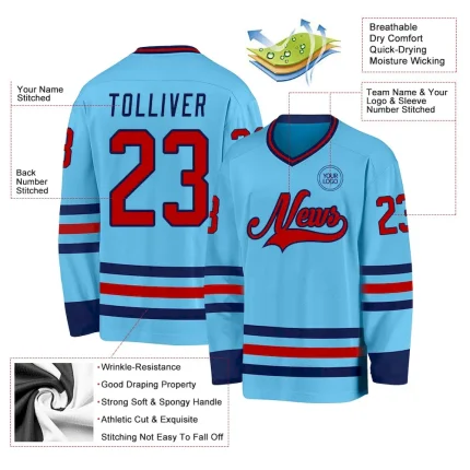 Custom Sky Blue Red-Navy Hockey Jersey - Image 3