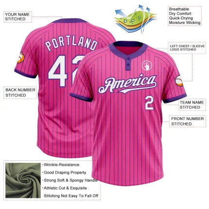 Custom Pink Purple Pinstripe White Two-Button Unisex Softball Jersey - Image 3