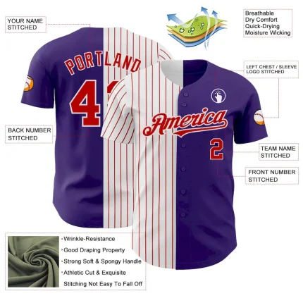 Custom Purple White-Red Pinstripe Authentic Split Fashion Baseball Jersey - Image 3