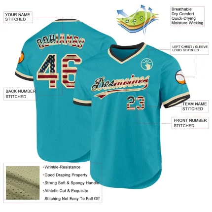 Custom Teal Vintage USA Flag Cream-Black Authentic Throwback Baseball Jersey - Image 3