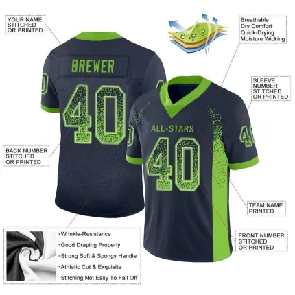 Custom Navy Neon Green-Gray Mesh Drift Fashion Football Jersey - Image 3